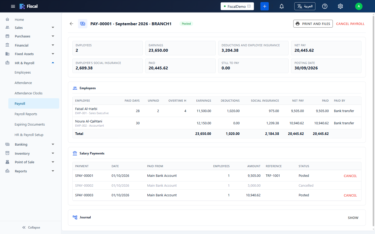 A posted payroll with its salary payments