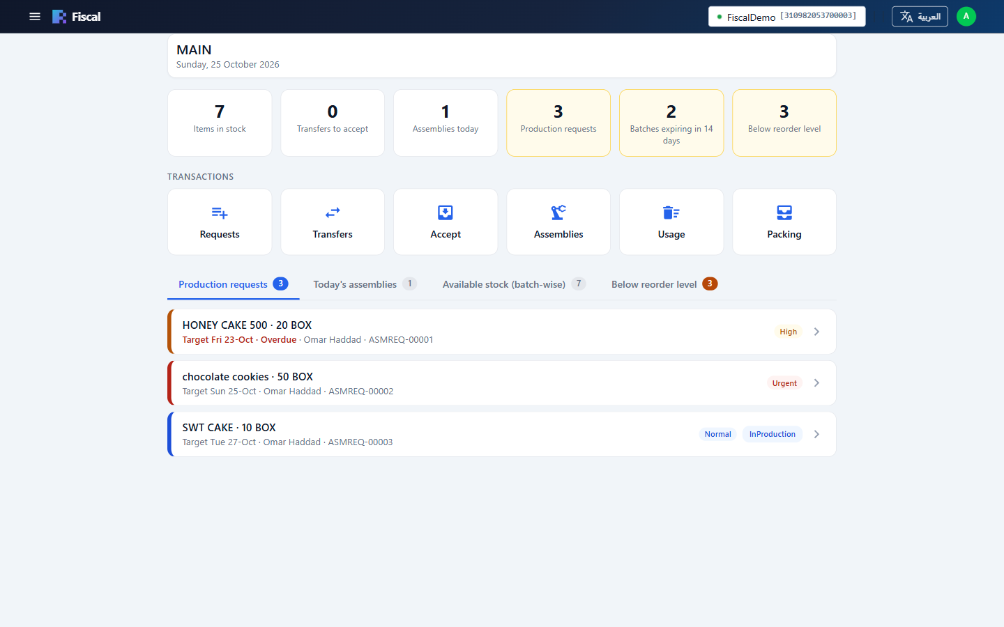 The kitchen dashboard, with its production requests