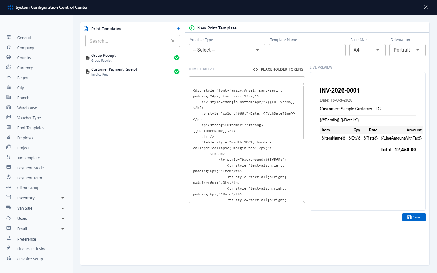 A print template with its live preview
