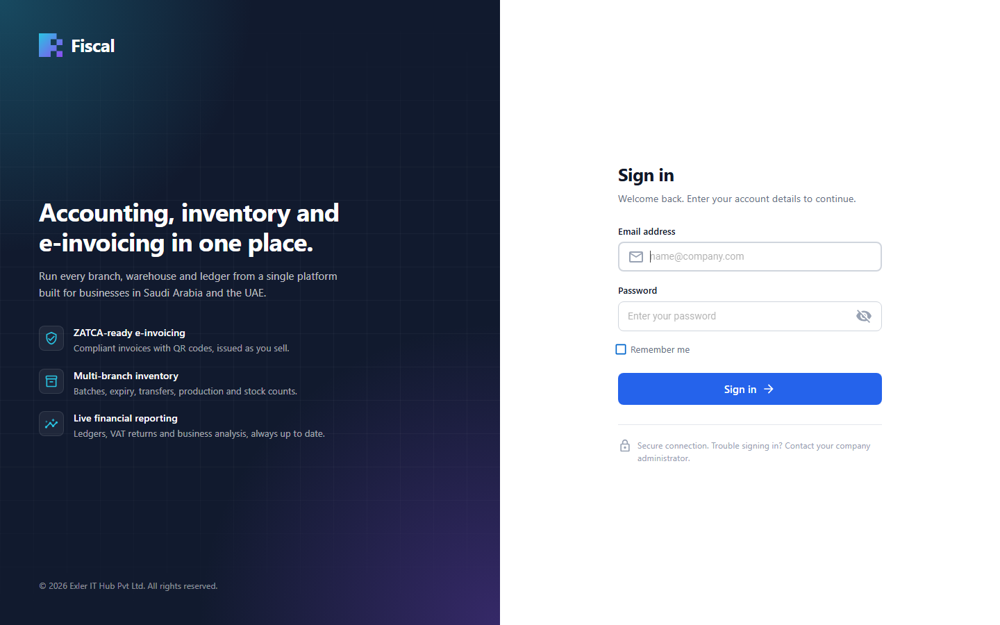 The Fiscal sign-in page