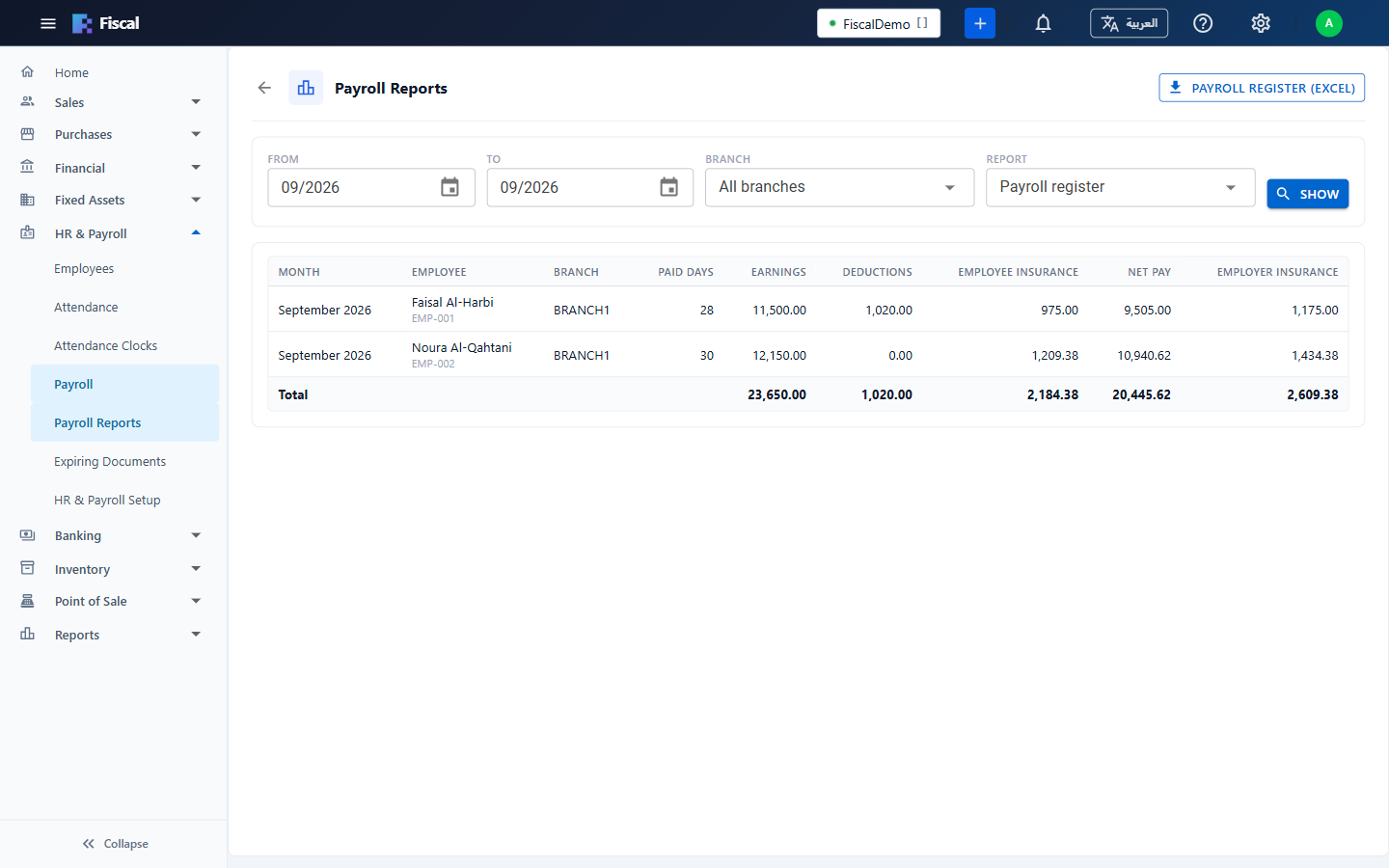 The payroll register in Fiscal with earnings, deductions, insurance and net pay